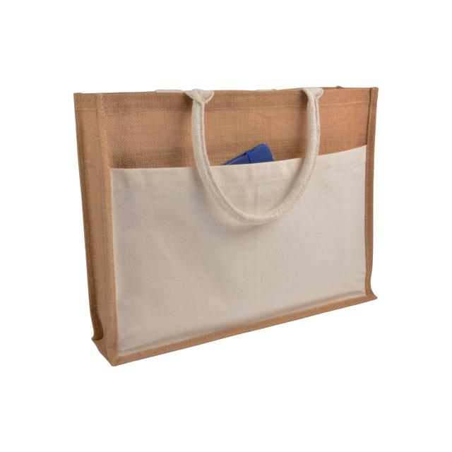 Jute shopping bag with waxed inner, gusset, handles and front pocket in natural cotton