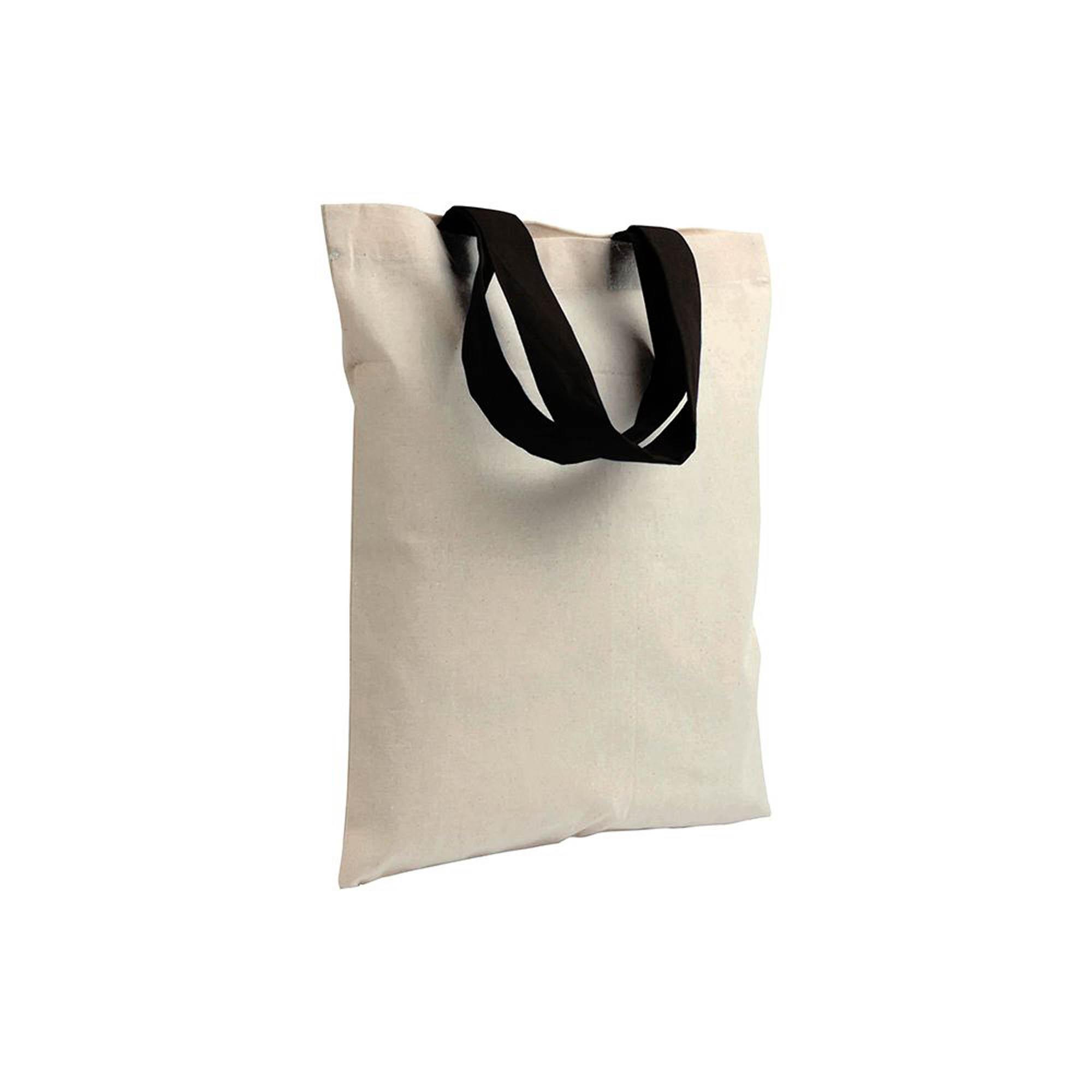 Recycelte Mini-Shopper-Tasche aus natürlicher Baumwolle (140 g/m2) mit farbigen Griffen Recycelte Mini-Shopper-Tasche aus natürlicher Baumwolle (140 g/m2) mit farbigen Griffen