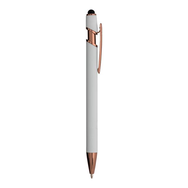 Rubberized aluminium snap pen with touch screen eraser and metal clip