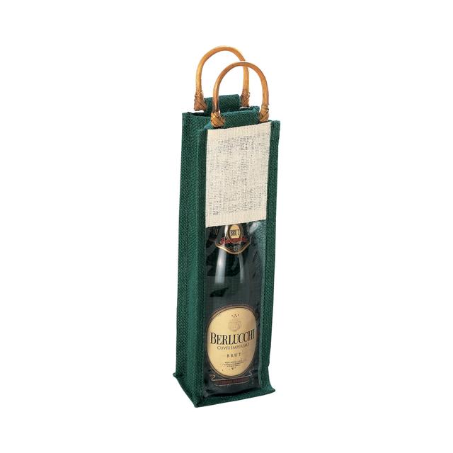 Jute bottle bag with transparent pvc window and bamboo handles (1 bottle)