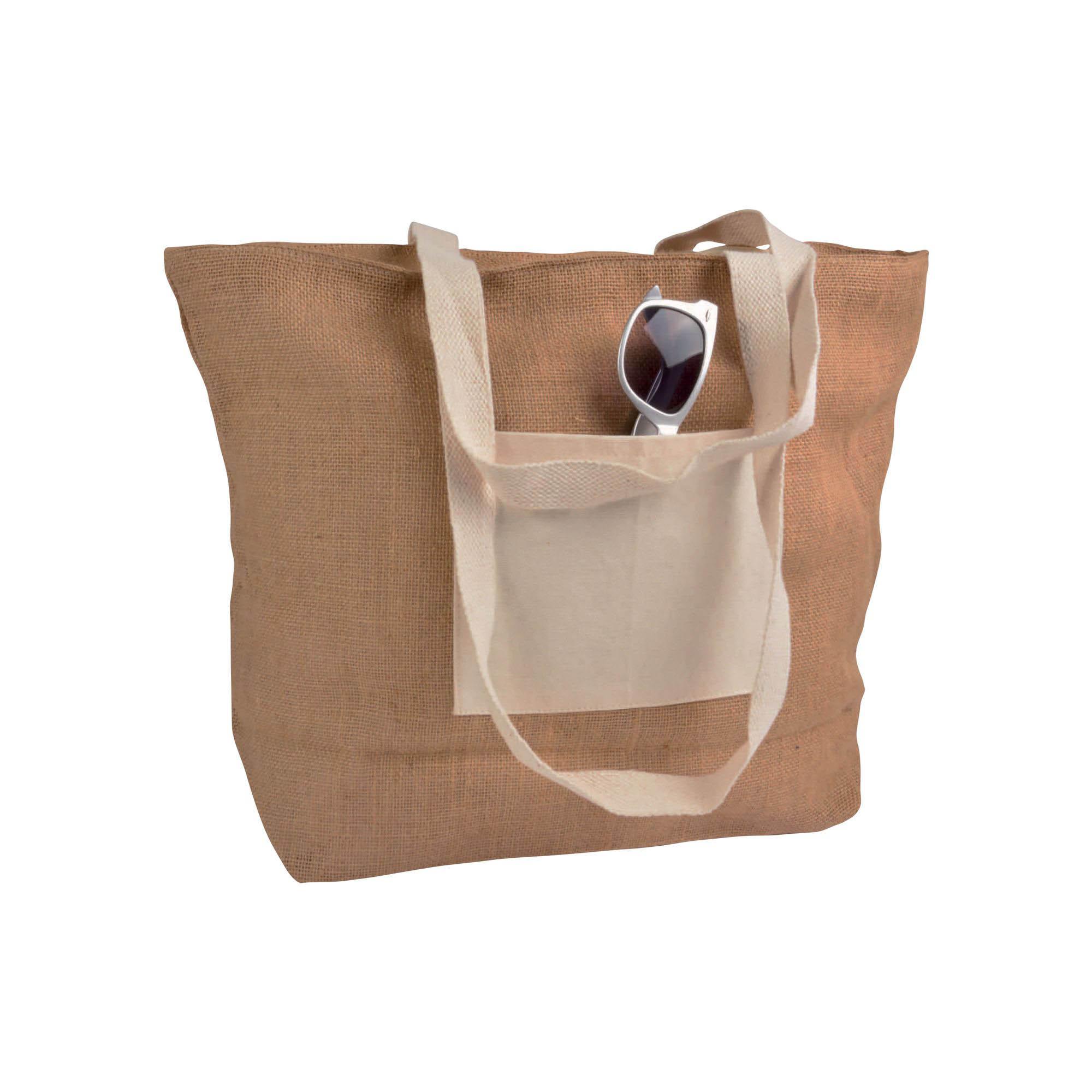 Shopper con soffietto alla base in juta con manici e tasca esterna (18 x 15 cm) in cotone Shopper con soffietto alla base in juta con manici e tasca esterna (18 x 15 cm) in cotone