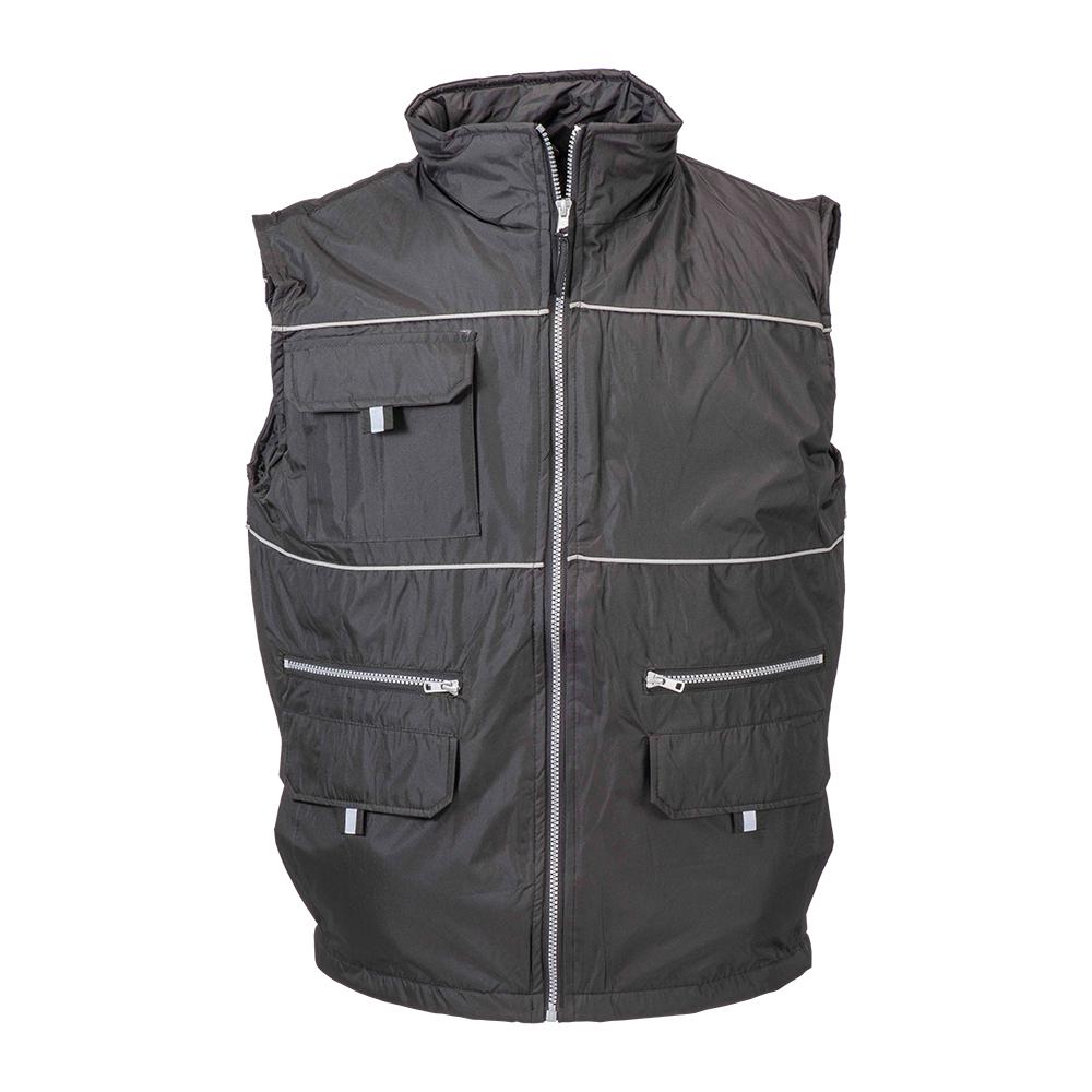 Padded, water-resistant polyester vest with reflective piping and pongee mesh inner lining Padded, water-resistant polyester vest with reflective piping and pongee mesh inner lining