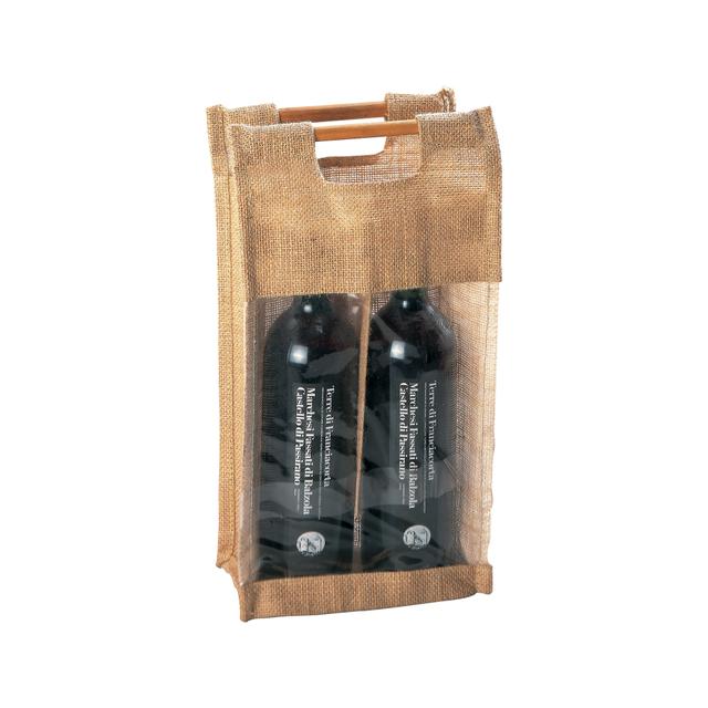 Sac porte-bouteilles en jute, avec fenetre en pvc transparente et hanses en bambou (2 bout
