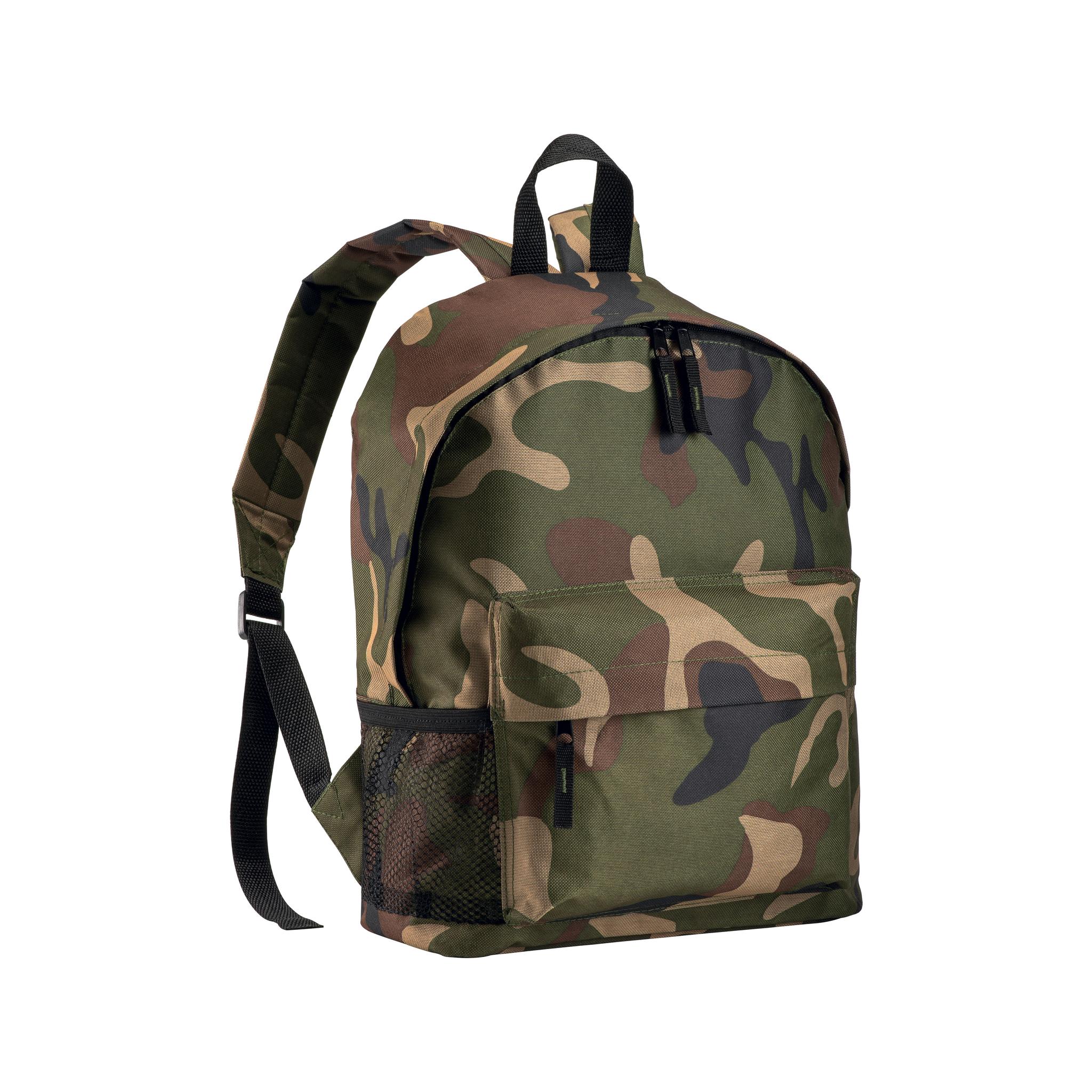 Camouflage-Rucksack aus 600D-Polyester mit 3 Taschen, davon eine seitliche Netztasche Camouflage-Rucksack aus 600D-Polyester mit 3 Taschen, davon eine seitliche Netztasche