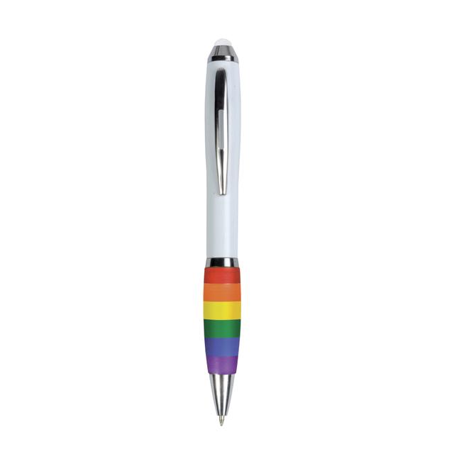 Plastic twist pen with white barrel, rainbow grip and touchscreen