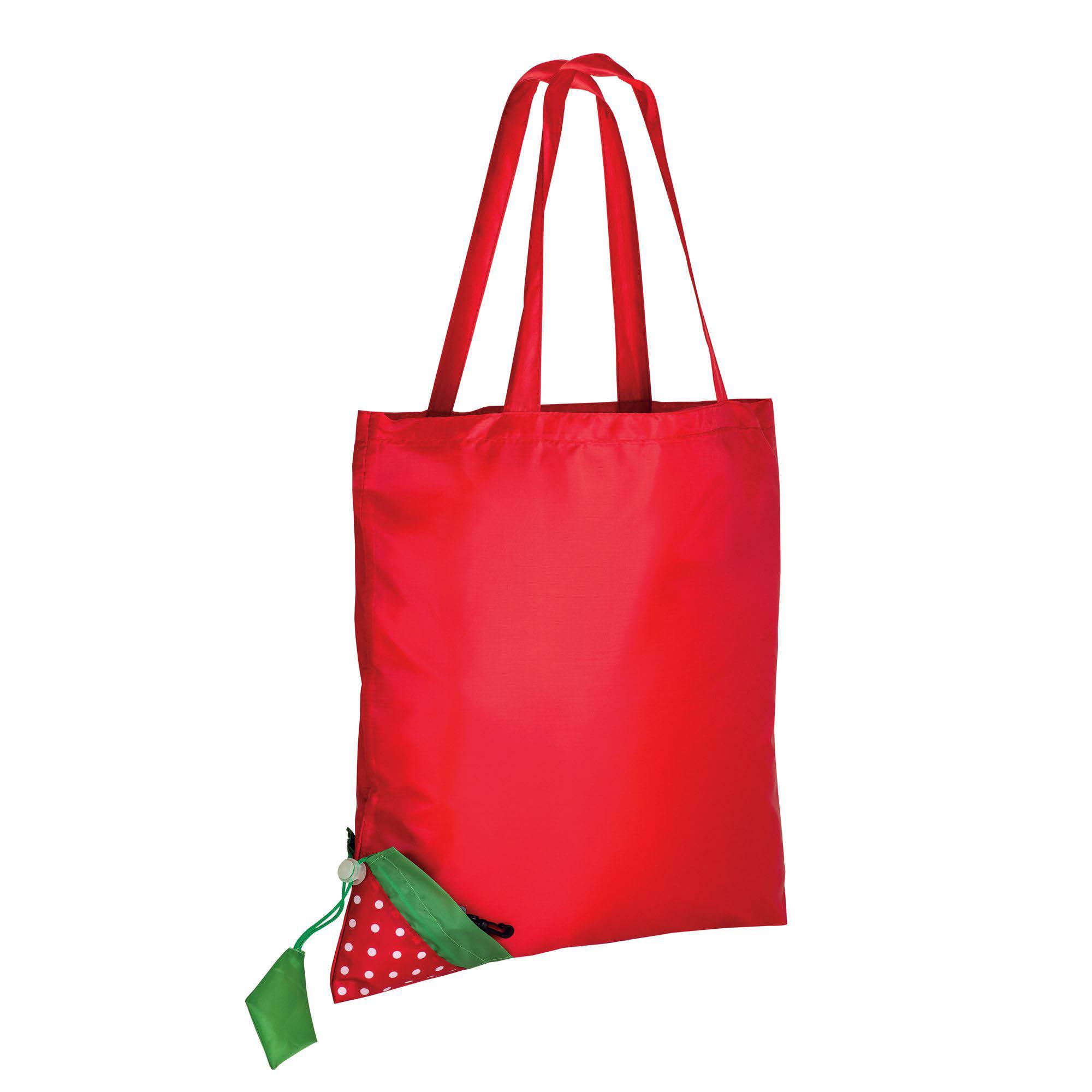 Shopper ripiegabile a forma di fragola in poliestere 190T, con foglia personalizzabile Shopper ripiegabile a forma di fragola in poliestere 190T, con foglia personalizzabile