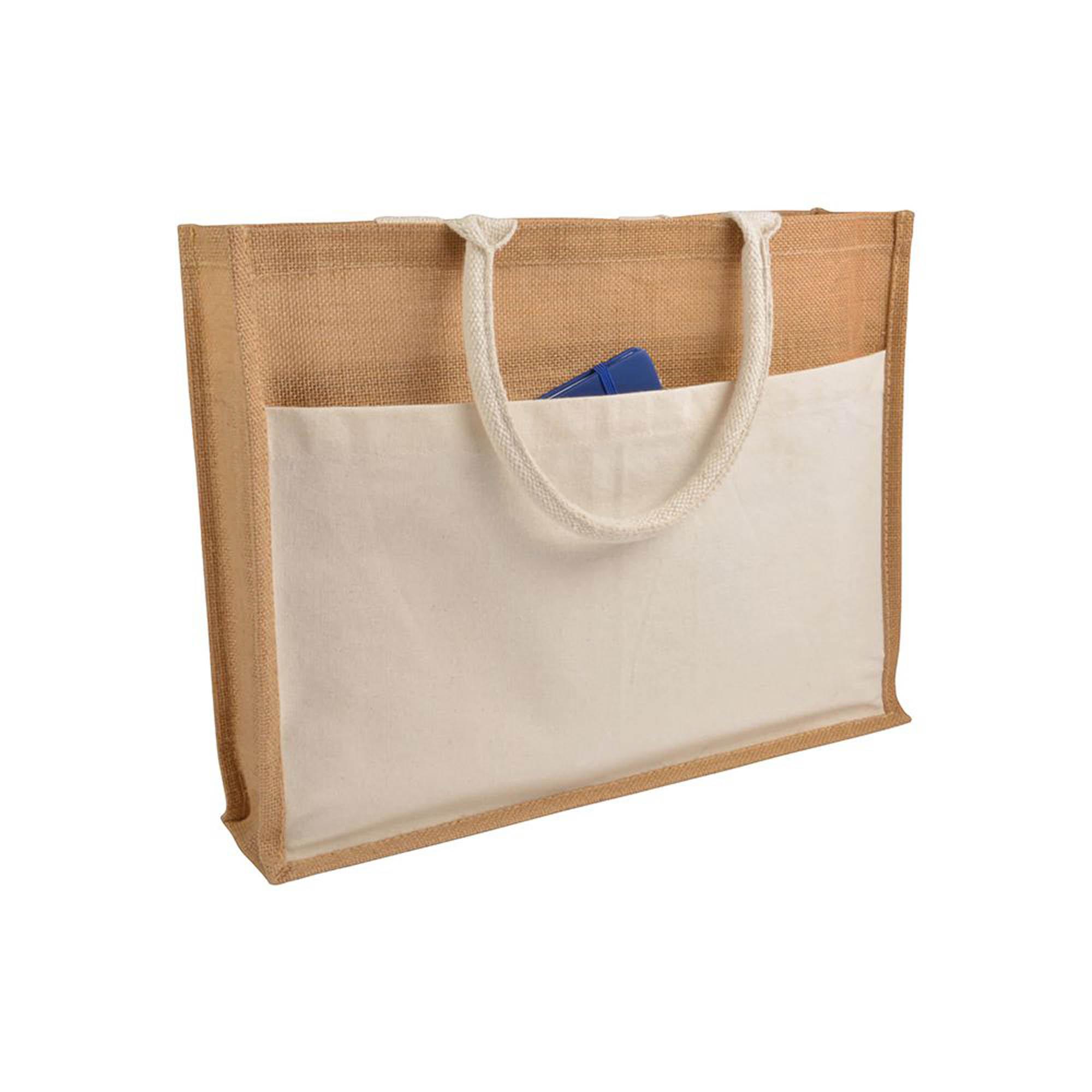 Shopper avec soufflet en Jute avec intérieur ciré,  anses et poche externe en coton Shopper avec soufflet en Jute avec intérieur ciré,  anses et poche externe en coton
