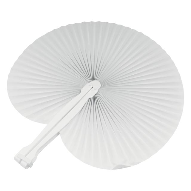 Coloured paper hand fan with white plastic handle, 26 cm long, 24 cm diameter when open