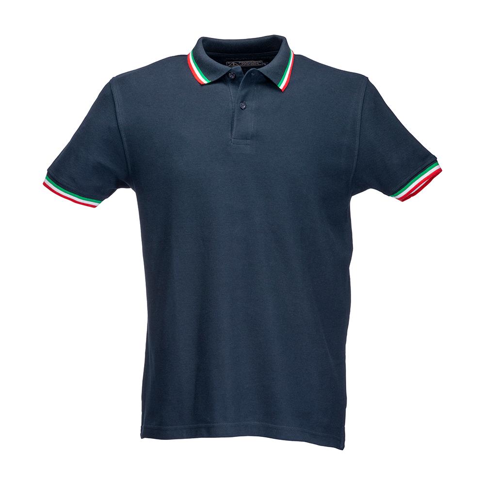 Polo 100% coton piqué 180g/m2, mancese courtes, bordures tricolores et fermeture avec 2 bo Polo 100% coton piqué 180g/m2, mancese courtes, bordures tricolores et fermeture avec 2 bo