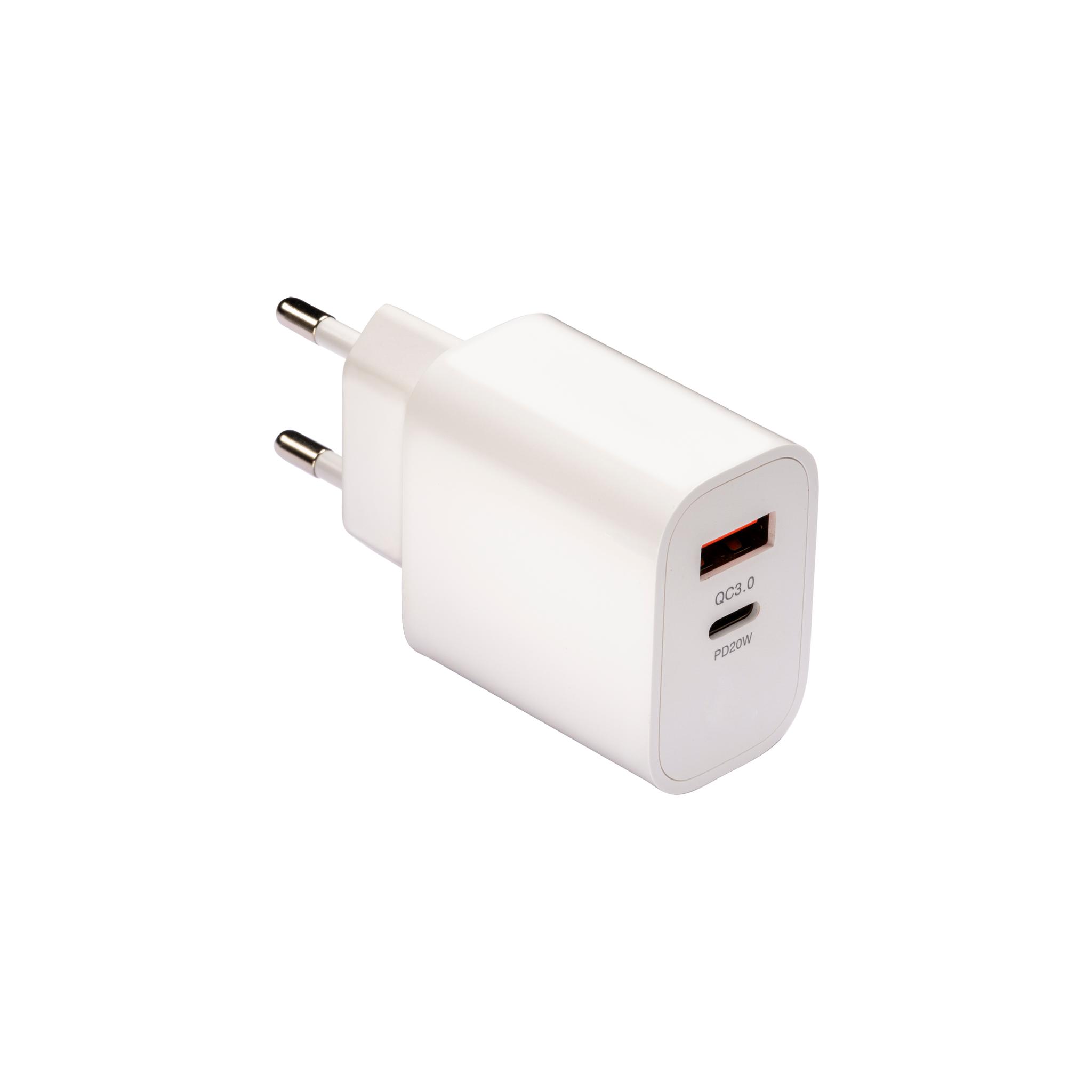 Caricabatterie USB in ABS con 1 porta USB A e 1 porta USB-C. spina europea a 2 poli Caricabatterie USB in ABS con 1 porta USB A e 1 porta USB-C. spina europea a 2 poli
