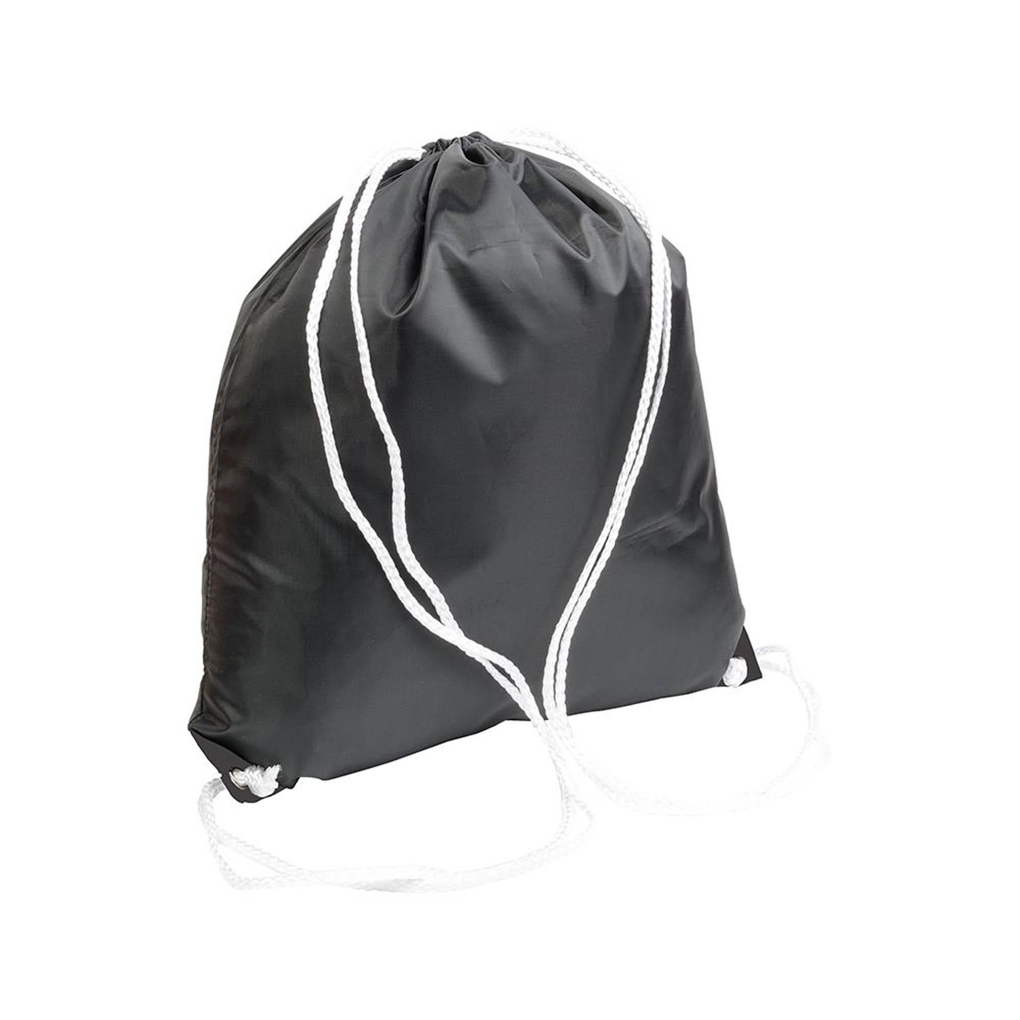 Black 210T polyester backpack with drawstring closure, reinforced black corners Black 210T polyester backpack with drawstring closure, reinforced black corners