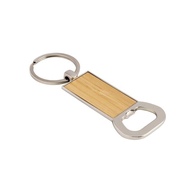 Metal and bamboo keychain with bottle opener