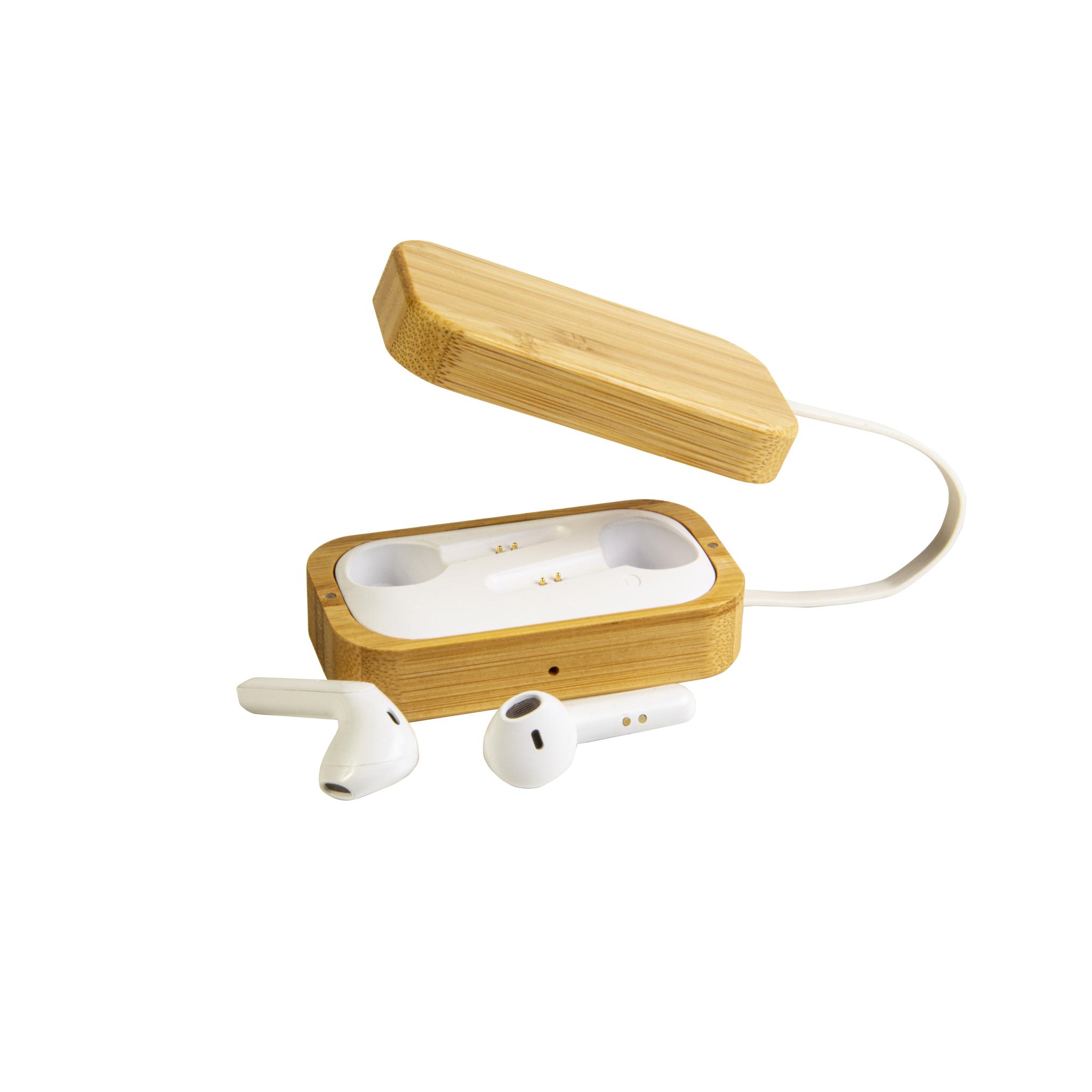 Auricolari bluetooth con scatola di ricarica in bambù e cavo di ricarica micro USB incluso Auricolari bluetooth con scatola di ricarica in bambù e cavo di ricarica micro USB incluso