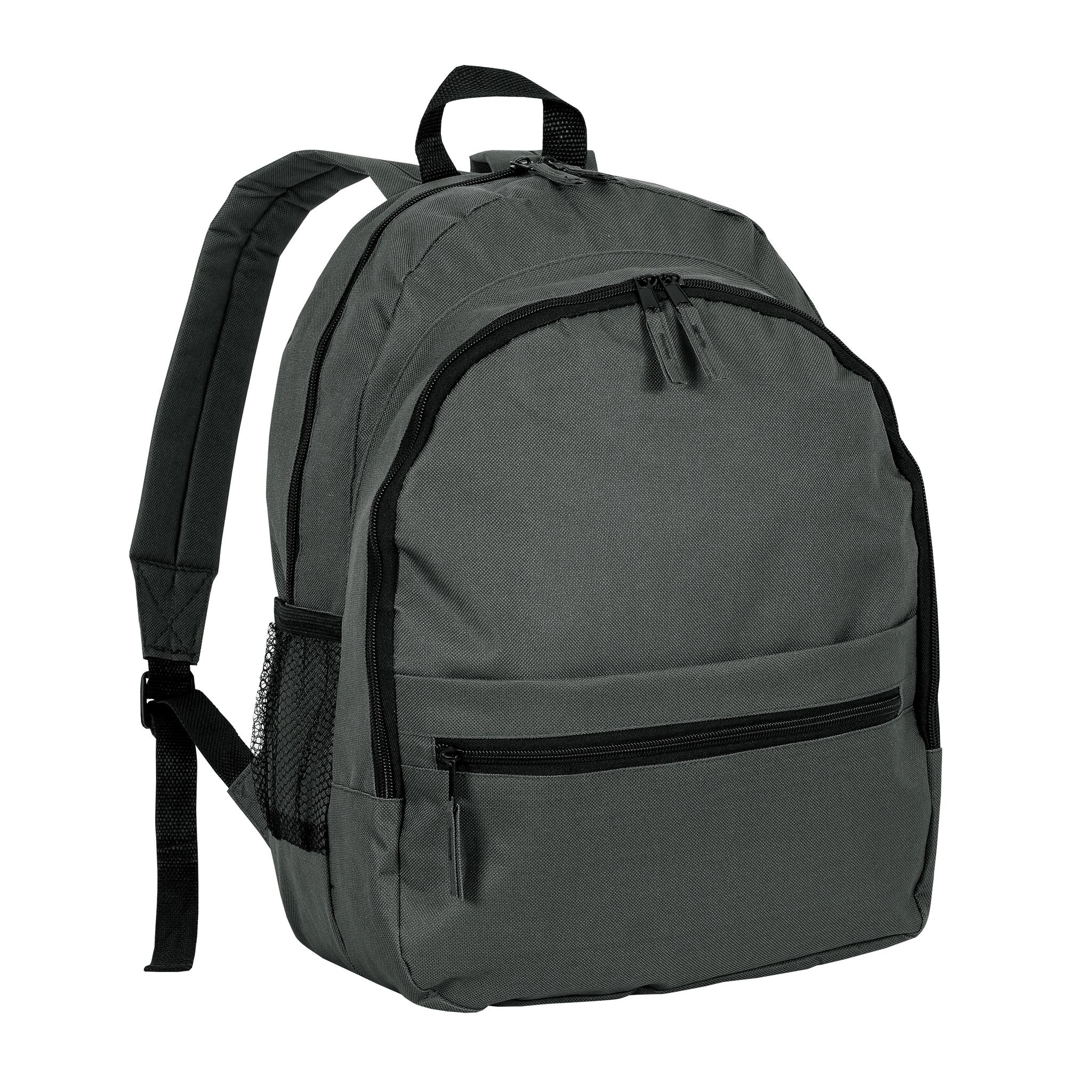 600D polyester 6-pocket backpack (two mesh side pockets). Front pocket with velcro 600D polyester 6-pocket backpack (two mesh side pockets). Front pocket with velcro