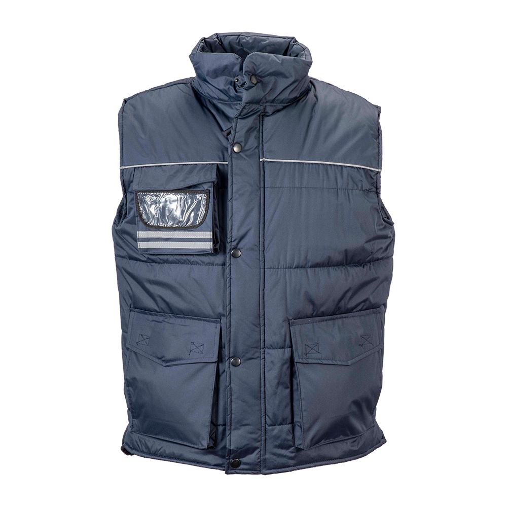 Gilet rembourré sans manche en polyester imperméabilisé avec bordure réfléchissante Gilet rembourré sans manche en polyester imperméabilisé avec bordure réfléchissante