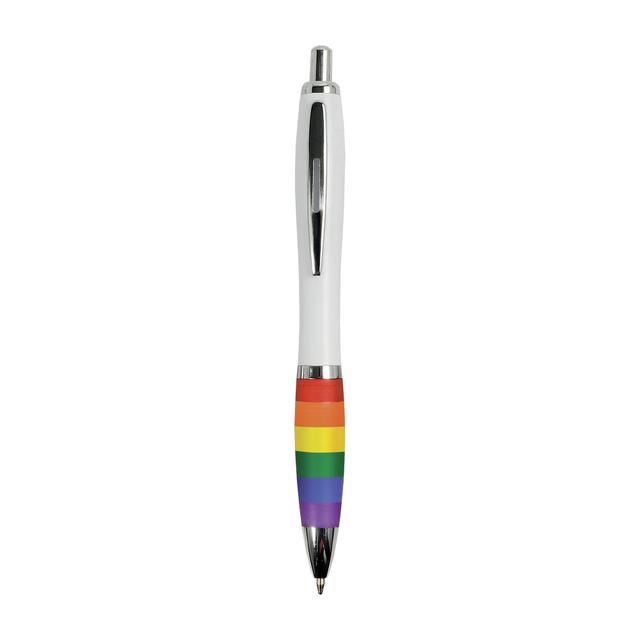 ABS plastic snap pen with white barrel, rainbow coloured grip and metal clip