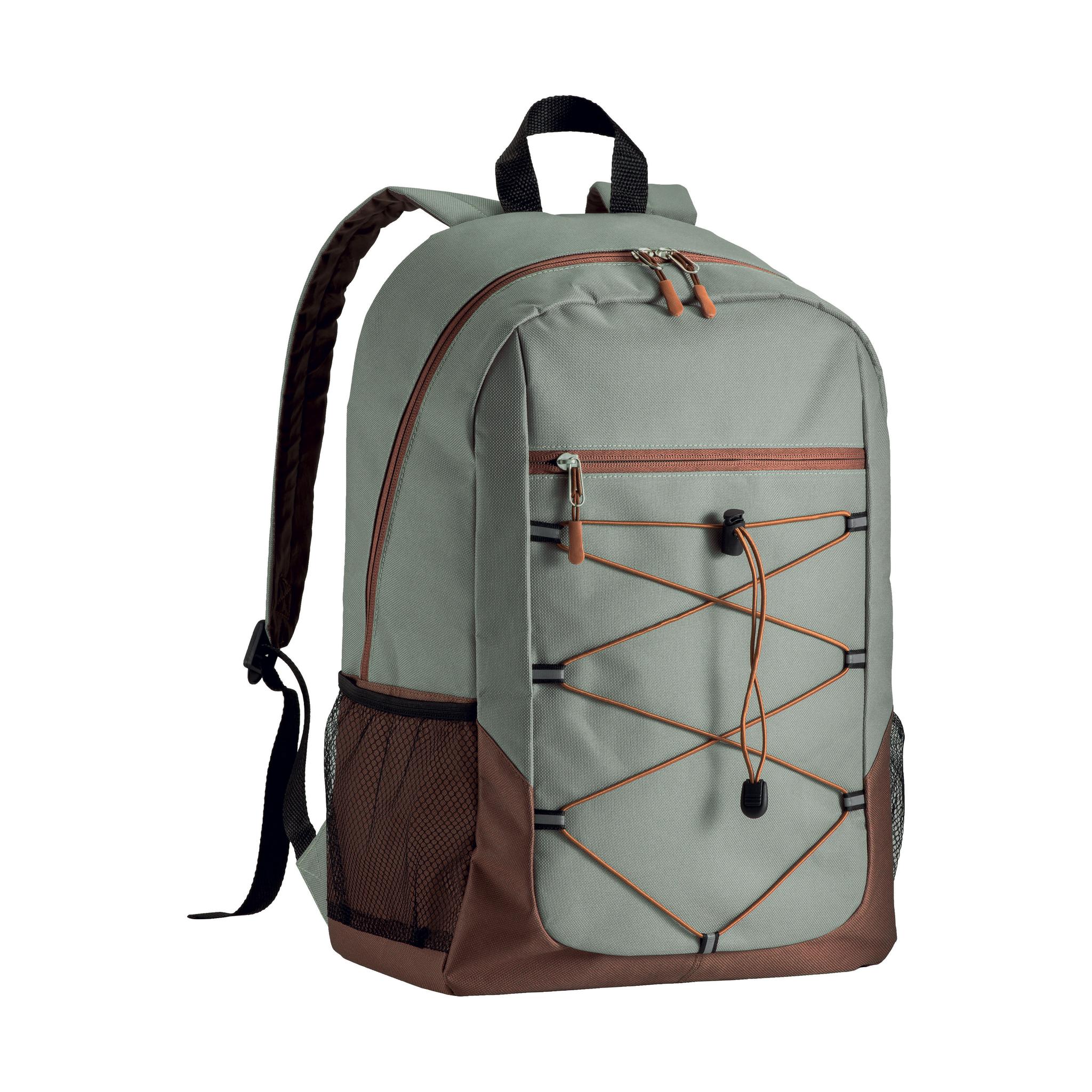 600D polyester 4-pocket backpack (two mesh side pockets). Padded straps ...